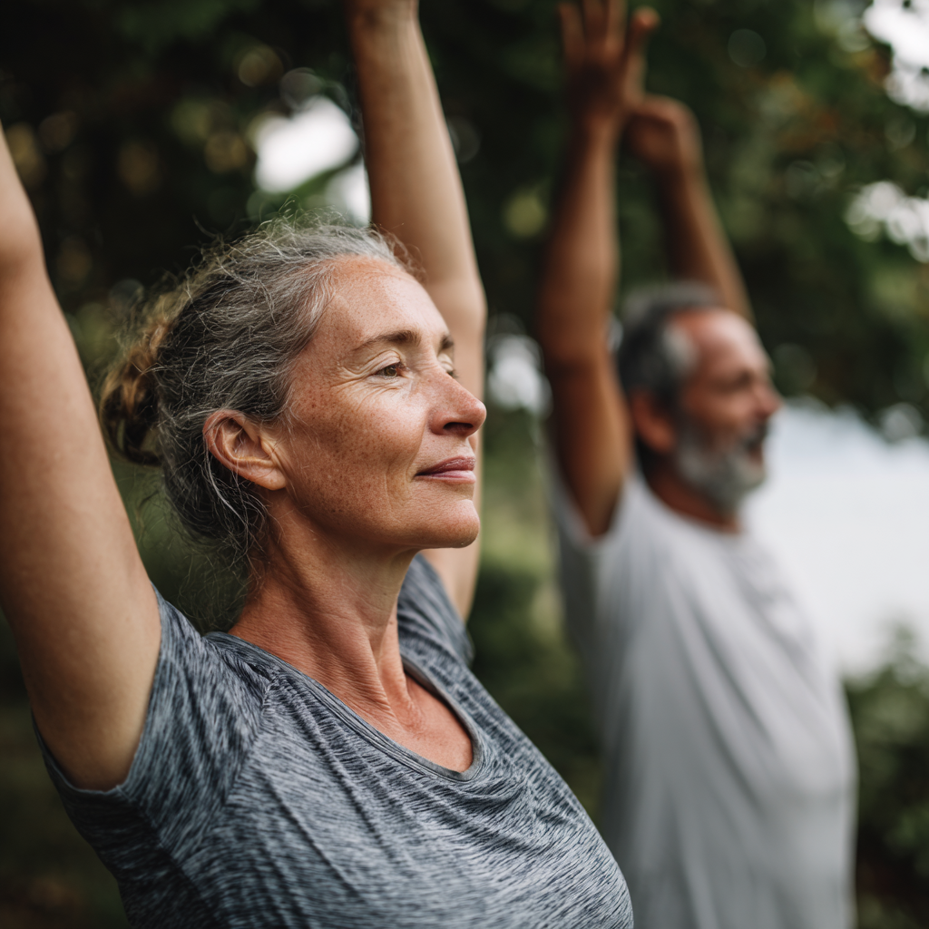Middle-aged adults practicing gentle mobility exercises in natural environment